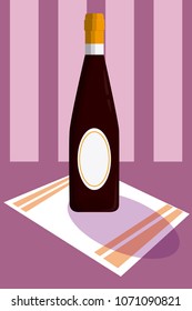 Wine bottle served over tablecloth