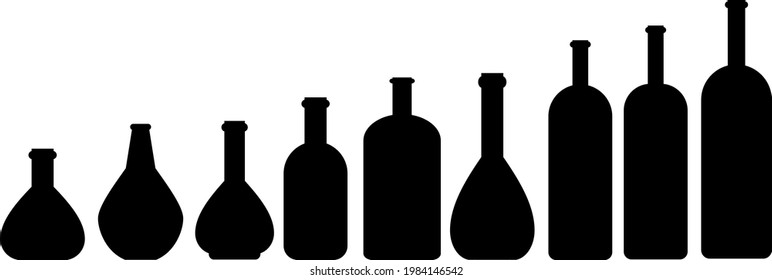 Wine bottle set, icon and logo, simple black graphic silhouette 