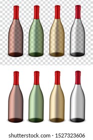 Wine Bottle Set Mock up Realistic Transparent Amber, Red, Green, and Black Alcohol Glass Packaging on White Background. Food And Drink Concept Vector Design.
