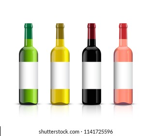 Wine bottle set. Vector wine bottles with shadows and mirror reflection isolated on white background.