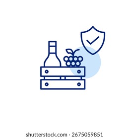 Botella de vino, escudo y marca de verificación. Alcohol y embalaje de calidad certificada. Icono de Vector de trazo perfecto y editable