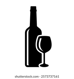 Wine bottle silhouette. Black wine bottle with glass vector illustration. Flat wine bottle icon. Winery logo. Alcohol drink symbol. Vine bar pictogram isolated.