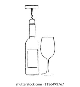 wine bottle silhouette with corkscrew and cup