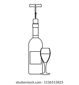 wine bottle silhouette with corkscrew and cup