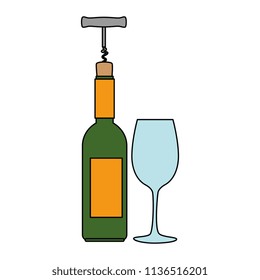 wine bottle silhouette with corkscrew and cup