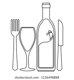 wine bottle silhouette with cup and cutlery