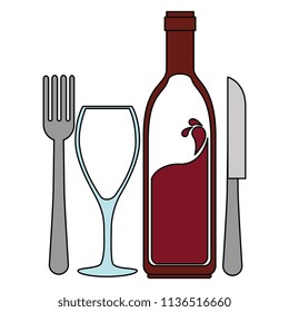 wine bottle silhouette with cup and cutlery