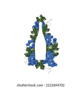 Wine bottle silhouette with grapes and leaves. Vintage textured illustration.