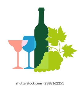 Wine bottle with the silhouette of a wineglass and grape vine. Simple shape alcohol emblem logo. Minimal simple silhouette of wine bottle and different shape glass. Beverage trendy colors logotype.
