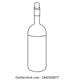 Wine bottle. Sketch. Alcoholic drink in a glass container. Vector illustration. Outline on an isolated white background. The neck is blocked with a stopper. Strong Cahors. Doodle style. 