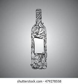 Wine bottle sketch. Hand drawn bottle with flowers.