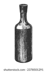 Wine bottle sketch isolated on white background. Engraving style bottle. Black and white hand drawn illustration. Vector