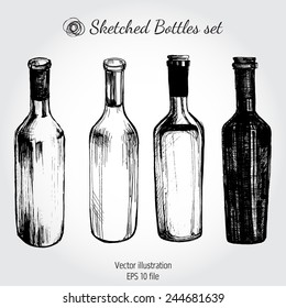 Wine bottle - sketch and vintage illustration. Vector sketched set of glass wine bottle isolated on white background. Bottle in front view, pencil drawing collection. Ink pen sketch of wine bottles