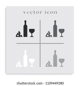 Wine bottle, slice of cheese and glass flat black and white vector icon.