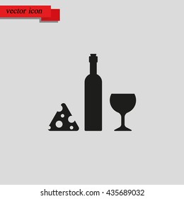 Wine bottle, slice of cheese and glass icon.