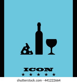 Wine bottle, slice of cheese and glass icon.