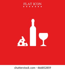 Wine bottle, slice of cheese and glass icon.