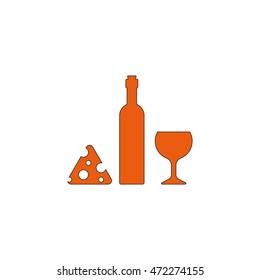 Wine bottle, slice of cheese and glass icon.
