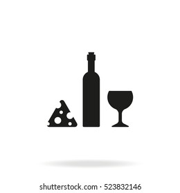 Wine Bottle, Slice Of Cheese And Glass Icon.