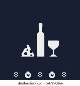 Wine bottle, slice of cheese and glass icon.