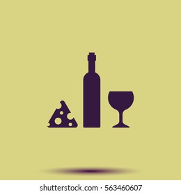 Wine Bottle, Slice Of Cheese And Glass Flat Vector Icon.