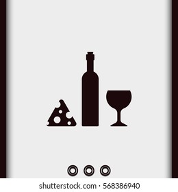 Wine bottle, slice of cheese and glass icon.