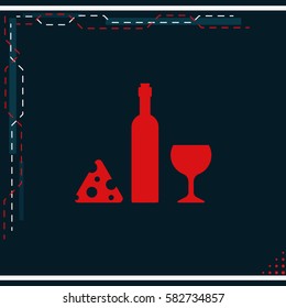 Wine bottle, slice of cheese and glass icon.