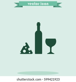 Wine bottle, slice of cheese and glass icon.