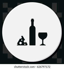 Wine bottle, slice of cheese and glass icon.