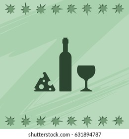 Wine bottle, slice of cheese and glass icon.