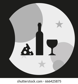 Wine bottle, slice of cheese and glass icon.