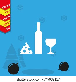 Wine bottle, slice of cheese and glass icon.