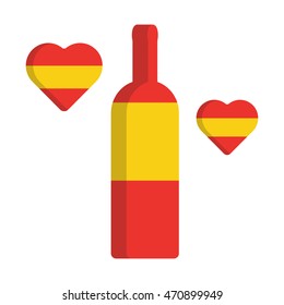 Wine bottle from Spain in color of Spanish flag with hearts. Vector flat icon design on white background. For cafe and restaurant.