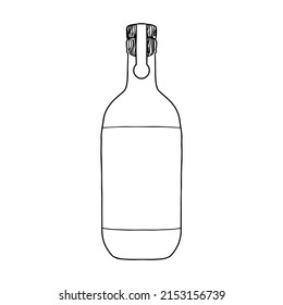 Wine bottle with stopper. Vector illustration of package for liquid. Line design icon.