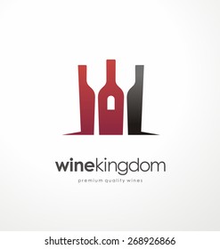 Wine bottle symbol with glasses in negative space. Castle icon. Crown sign. Promotional logo design template for winery or classy restaurant. 