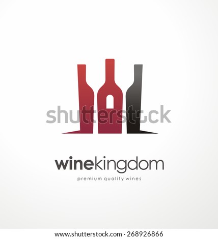 Wine bottle symbol with glasses in negative space. Castle icon. Crown sign. Promotional logo design template for winery or classy restaurant. 