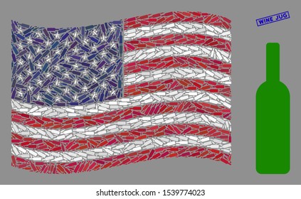 Wine bottle symbols are grouped into American flag collage with blue rectangle grunge stamp watermark of Wine Jug phrase.