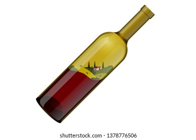 Wine bottle tilted inside splash stylized romantic rural landscape in sunny day with villa, vineyard fields, plantation hills, farms, meadows and trees. Vector color 3d illustration creative design