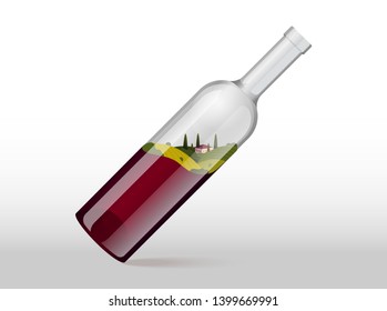 Wine bottle tilted inside splash stylized romantic rural landscape in sunny day with villa, vineyard fields, plantation hills, farms, meadows and trees. Vector color 3d illustration creative design