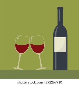 Wine bottle and two clink glasses wine glasses . Serving wine. Simple flat vector.