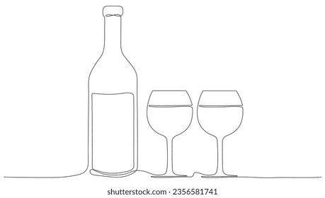 Wine bottle with two glasses continuous line drawn. Vector illustration isolated on white.
