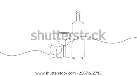 Wine bottle and two glasses drawn in a continuous line style vector.