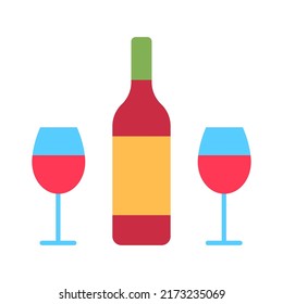 Botella de vino y dos gafas de color plano aislados en fondo blanco. degustación de bebidas con alcohol de vino tinto. Diseño del logo de la celebración romántica de fiestas. Abstracto beber mínima ilustración vectorial.