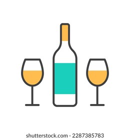Wine bottle and two glasses flat line color icon isolated on white background. White wine alcohol beverage symbol. Romantic event celebration logo design. Abstract drink minimal vector illustration