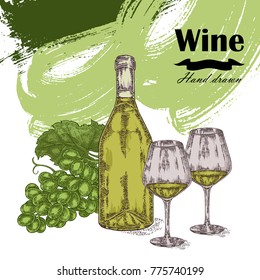 Wine bottle with two glasses and grapes. Vector illustration