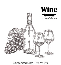Wine bottle with two glasses and grapes. Vector illustration