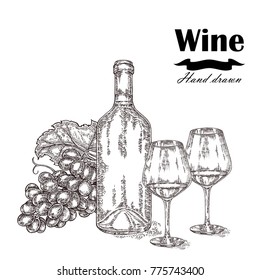 Botella de vino con dos vasos y uvas. Ilustración del vector