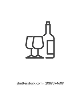 Wine bottle and two wine glasses line icon. linear style sign for mobile concept and web design. Alcoholic beverages outline vector icon. Symbol, logo illustration. Vector graphics