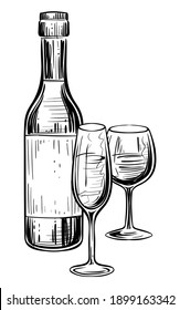 Wine bottle and two glasses, monochrome, vector