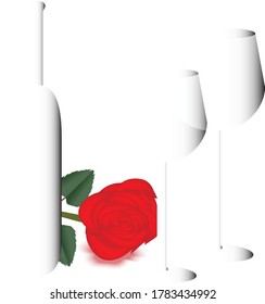 Eine Weinflasche, zwei Weingläser und eine Rose sind in einer hochauflösenden Stillleben-Illustration zu sehen.